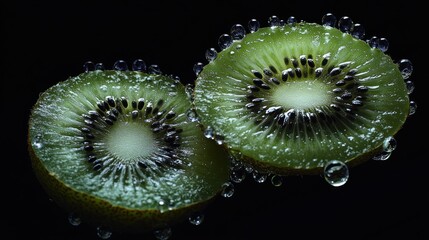 Juicy kiwi slices, water droplets, dark background, food photography, recipe website