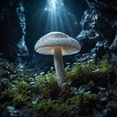 A mystical white mushroom growing inside a glowing crystal cave.