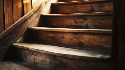 Charming wooden stairs in cozy cottage, showcasing rustic design and warm tones. natural wood grain adds character and warmth to space, inviting sense of comfort