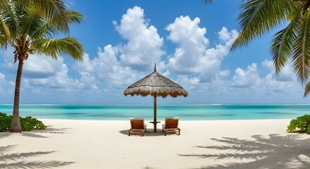 Tropical Beach Scene with Palm Trees and Beach Chairs