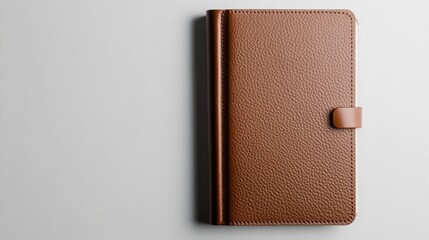 Brown leather notebook on white background, minimalist design, ample copy space, ideal for branding or advertising