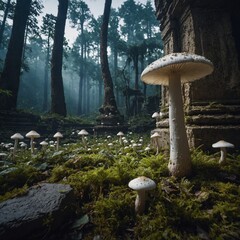 A magical white mushroom grove inside an ancient, abandoned temple.
