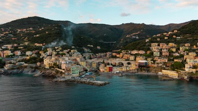 Colorful coastal village bogliasco during golden hour, liguria, italy, aerial view