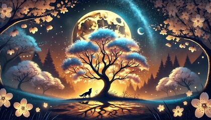 Magical Sakura Night: A Dreamy Spring Scene with Blossoms, Moonlight, and a Fox