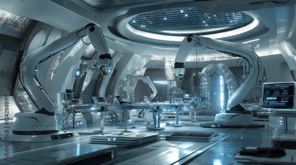 Poster futuristic laboratory with advanced robotic arms and technology