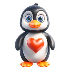 Obraz premium Close-up of baby penguin and heart-shaped snowball in antarctica, valentine day, transparent background, isolated on white background, 3D render, PNG