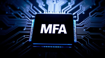 MFA Microchip on Circuit Board – Multi-Factor Authentication & Cloud Security, cloud technology, Saas, Paas, Iaas. AWS Services, technology background