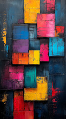 Colorful abstract background - painted wooden blocks on a dark concrete wall