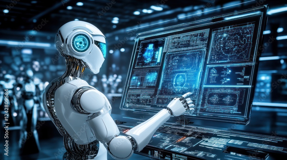 Poster Advanced Robot Interacting With A Futuristic Computer System