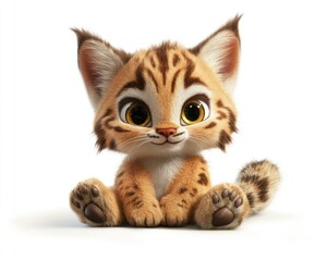 Obraz premium Cute lynx cub sitting, white background, ideal for children's projects