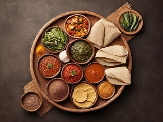 Ethiopian Feast Flatbread and Injera Platter Vibrant Kitchen Culinary Artwork Rustic Setting Top-Down Angle
