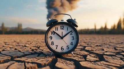 Alarm Clock on Cracked Ground with Smoke in the Background