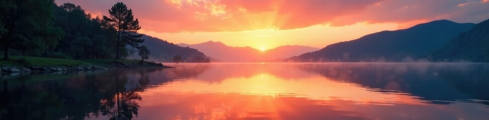 Fototapeta premium Trees reflected in calm lake surface at sunset, peaceful scene, water, lake