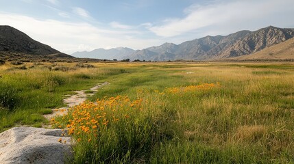 Obraz premium Serene Meadow with Wildflowers and Mountains Under a Clear Sky during Daylight Hours in Nature's Splendor