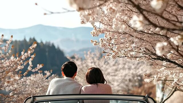 Couple Enjoying Spring Road Trip to Cherry Blossoms