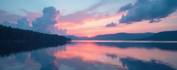 Soft wispy clouds float above a serene lake surface at dusk, clouds, evening