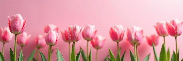 Fototapeta premium Soft pink tulips bloom in a serene field on a pale pink background, flowers, blossom, nature landscape