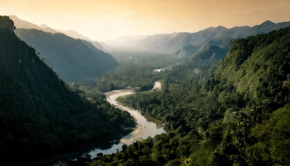 Fototapeta premium Spatial flight over a river winding between trees and vegetation in the jungle, rocky mountains and a waterfall are visible, a light haze of clouds, the rising sun and the distant horizon