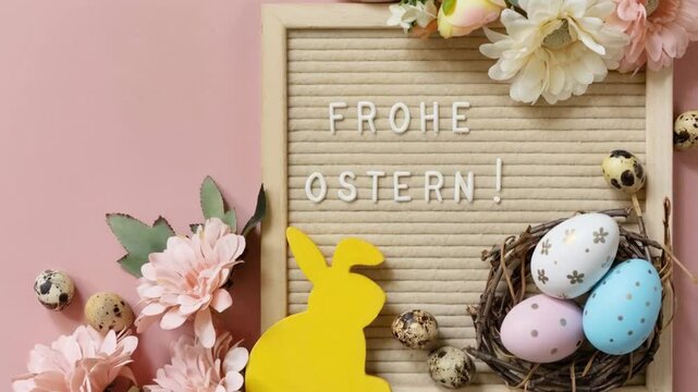 Easter greeting with decorative eggs and flowers on pastel background