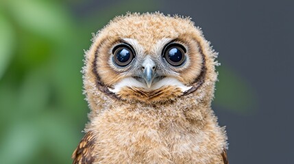 Obraz premium Fluffy owlet portrait, green bokeh background