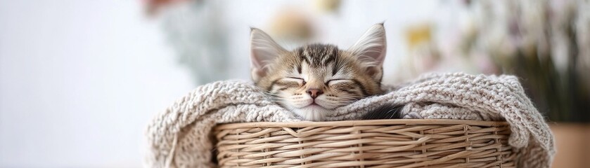 A tiny pet is peacefully nestled within a wicker basket, cozy and surrounded by soft blankets, with blurred flowers providing a charming backdrop for this tranquil moment