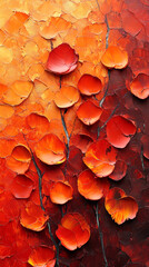 Abstract orange background with red poppy flower petals, close up, oil color painting.