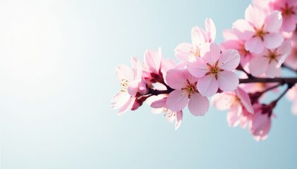 Naklejka premium Pastel colored blossoms unfold from a lone tree branch against a pristine backdrop, pastel flowers, soft petals, delicate branches