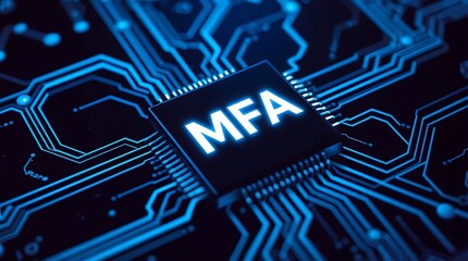 MFA Microchip on Circuit Board – Multi-Factor Authentication & Cloud Security, cloud technology, Saas, Paas, Iaas. AWS Services, technology background