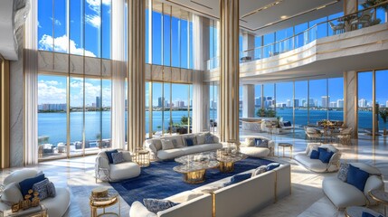 Luxurious Waterfront Living Room With Stunning City Views