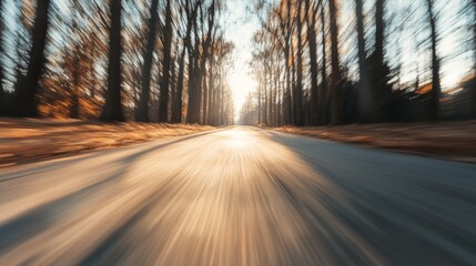 Sunlit autumn road through trees, fast drive, nature background, travel imagery