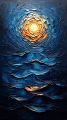 Abstract blue background with sun and waves, oil color painting.