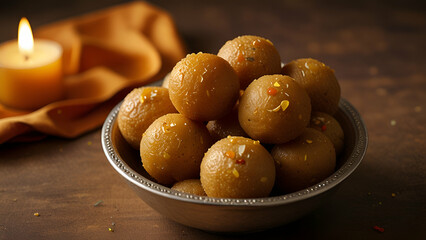Bowl of Sweet Laddu,Traditional Indian Sweets Embracing the Golden Hues of Diwali Celebration

