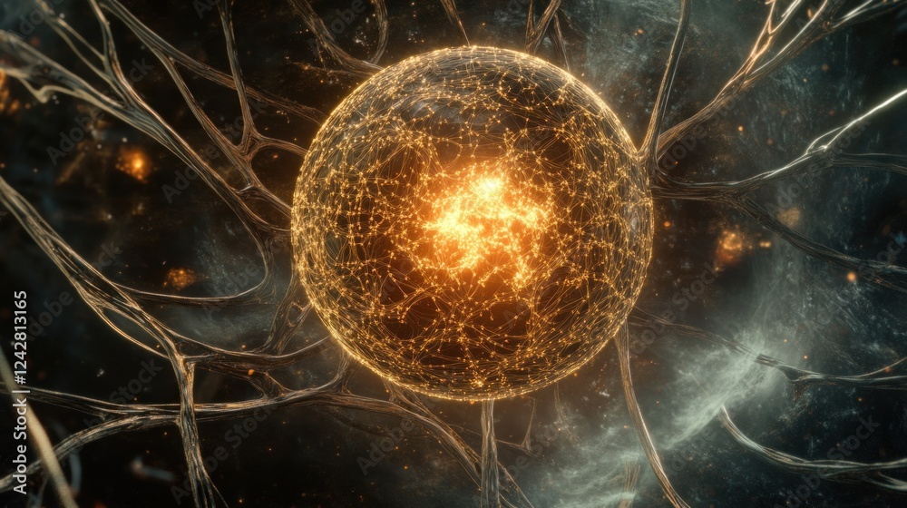 Poster Glowing Sphere Connected By Intricate Network Threads