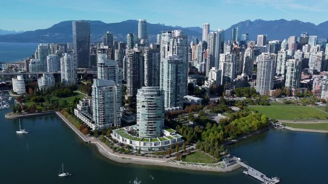 Vancouver, Canada. Flying over David Liam Dock in a sunny day. Drone Shot.