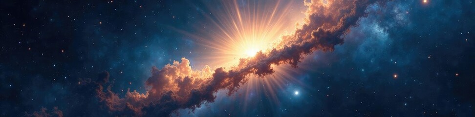 Fototapeta premium Cosmic rays illuminating a dark blue and gold nebula, nebula, ethereal, glowing