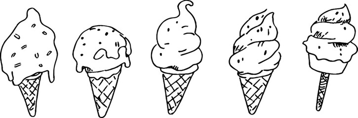 Ice cream vector scribble illustration, set of elements