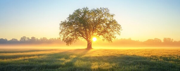 Naklejka premium The sun is shining through the branches of a tree in a field at sunrise