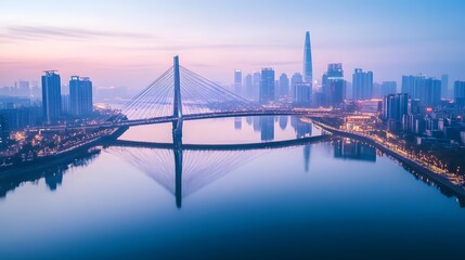 City skyline at dawn, modern high-rises reflecting on calm water, serene atmosphere highlighting urban beauty, perfect for presentations.