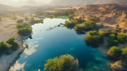 Serene landscape with clear blue water, lush greenery framing a tranquil body of water, nature's peaceful retreat.
