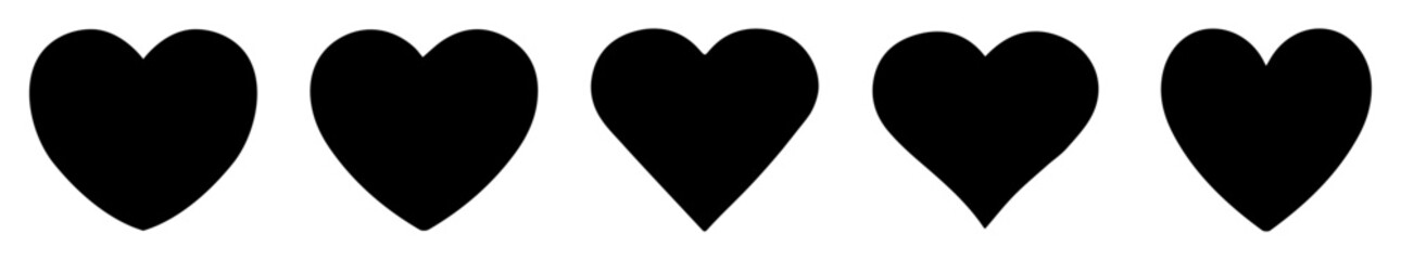 Set of hearts in black color with white background, Black heart icons set. Set of 5 hearts of different shapes for web. Heart collection. Vector symbols.