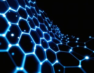 AI image undulating blue hexagonal grid against a black background, evoking technology, science, and interconnectedness.