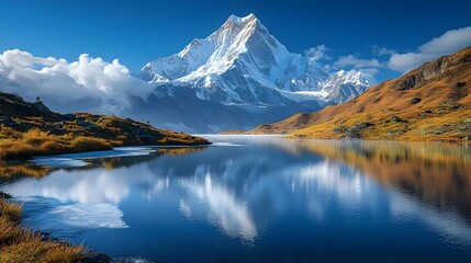 snow-capped mountain with the peak is  golden by the sunlight, clouds and mists over a lake