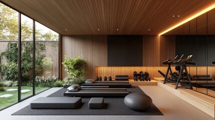 Modern home gym with garden view, pilates reformer, equipment