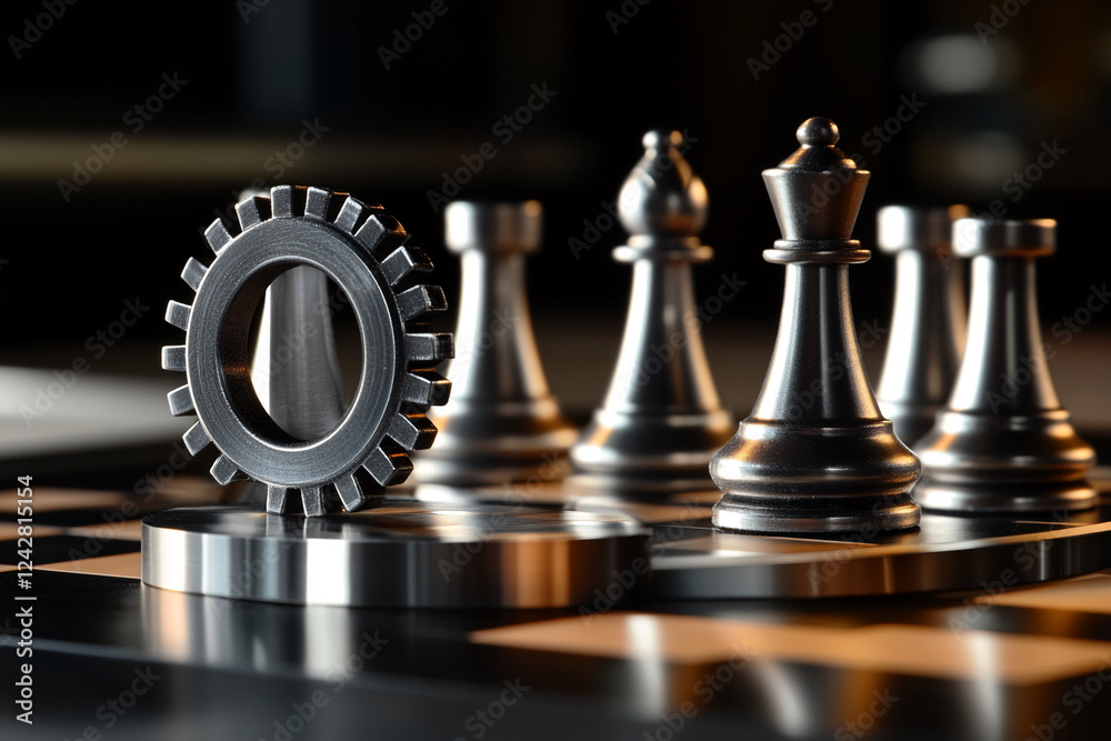 Poster a close-up of a metal gear on a chessboard, surrounded by silver chess pieces, symbolizing strategy,