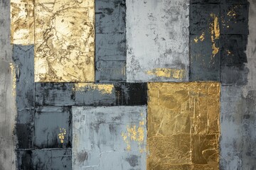 Naklejka premium Wall art, minimalist, with textured paint in shades of grey and gold. 