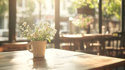 Sunny cafe flowers table; background city view, relaxing mood