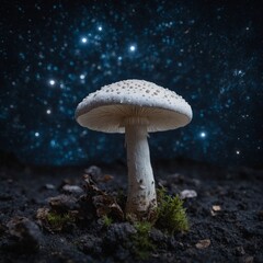A white mushroom against a dark, starry cosmic background, like a celestial entity.