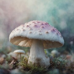 A watercolor-style painting of a dreamy white mushroom in soft pastel colors.