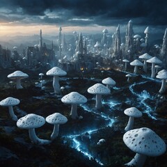 A digital fantasy painting of an enormous white mushroom city with glowing pathways.