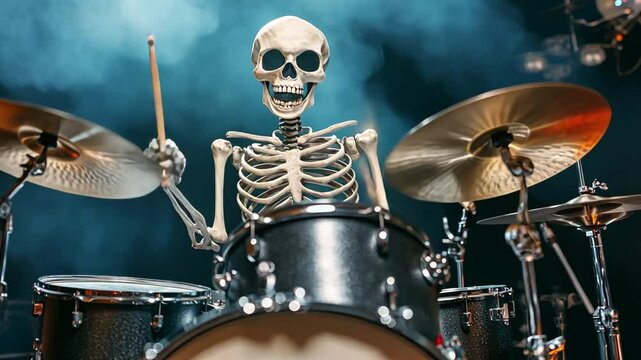 Lively funny skeleton drummer play drums at stage in vibrant performance. Smoky atmosphere, playful energy. Humorous music party at hell. Halloween event, musical spirit of fun and creativity.